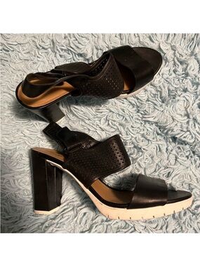 Clarks Women's Black Perforated Chunky Heel Sandals
